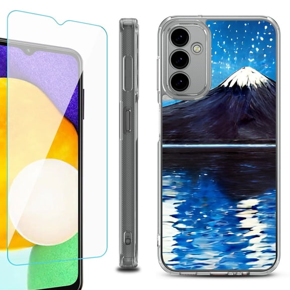 Shockproof Bumper Phone Case for Samsung Galaxy A14 5G, with Tempered Glass Screen Protector, by OneToughShield ® - Starry Night Fuji