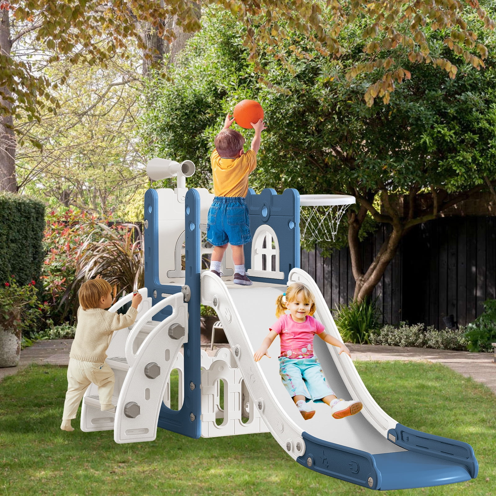 6 in 1 Kids Indoor Slide for Toddlers 1-3,Blue,Baby Slide for Indoor Outdoor with Basketball Hoop and Telescope,L Shaped Slide