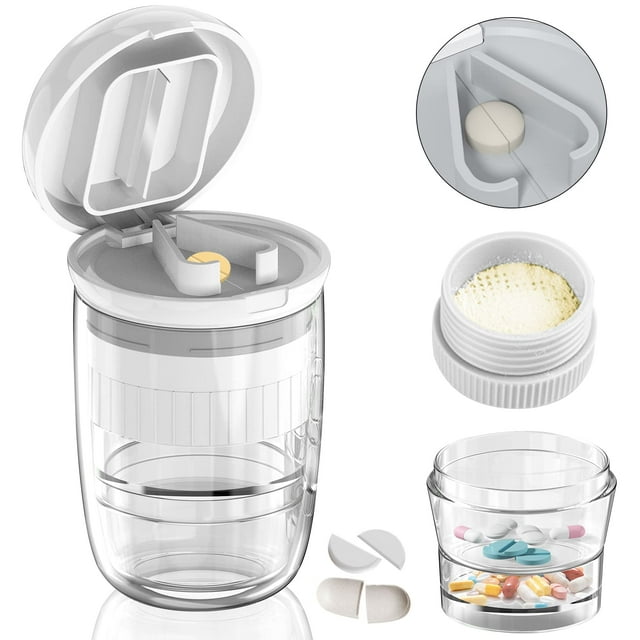 WJCA Multi-Function Pill Cutter with Dispenser & Cup, Splits and Crushes Vitamins Tablets, Stainless Steel Blade, Green