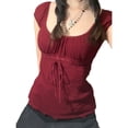thumbnail image 1 of Txlixc Blusa de crochet de flores de encaje para mujeres, camiseta de cuerda de pecho bajo con mangas de sombrero y ropa de hombro desnudo para mujeres Txlixc moda, 1 of 9