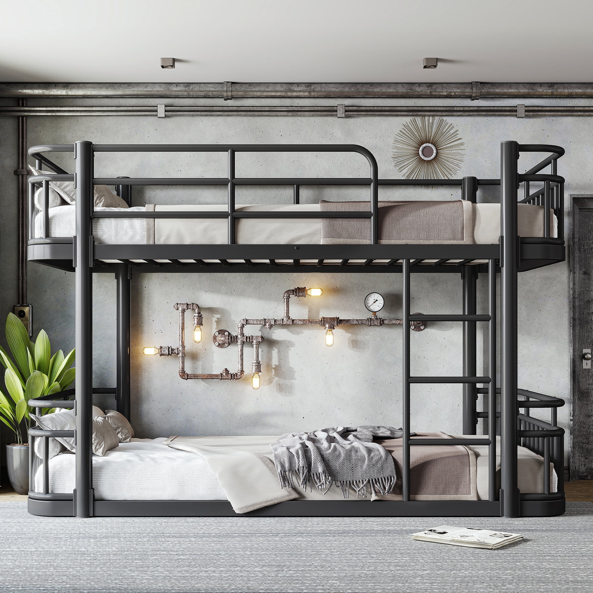 Leumius Twin XL over Twin XL Bunk Bed Frame with Ladders & Guardrails, Upgraded Round-Pipe Metal Frame, Stylish & Versatile for Any Room,Black
