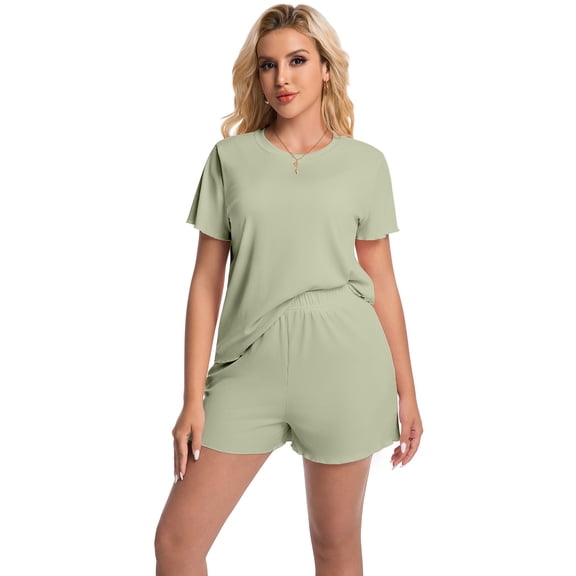 DAKIMOE Womens Pajamas Set, 2 Piece Ribbed Knit Pjs Short Sleeve Sleepwear Set Soft Pj Lounge Sets