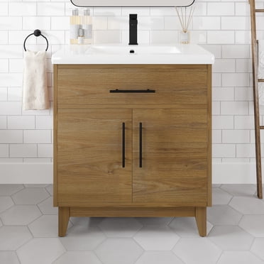 Eviva Oahu 32 Inch Wall Mount Solid Oak Vanity with Solid Surface ...