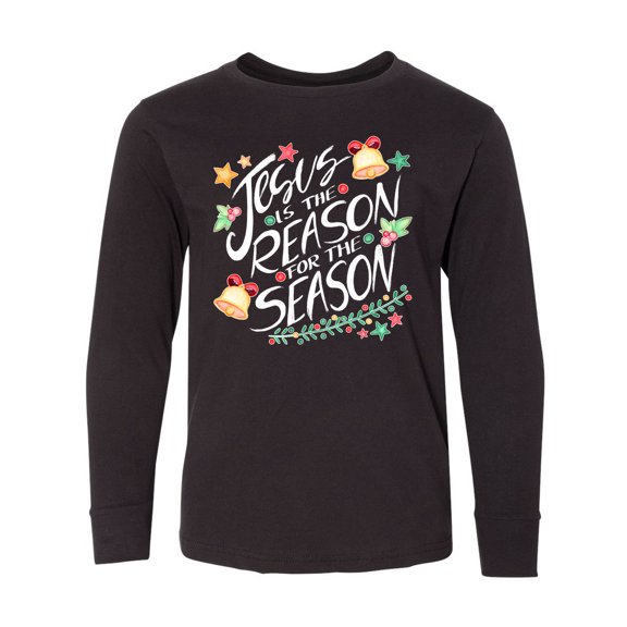 Inktastic Jesus is the Reason for the Season Christmas Bells and Stars Long Sleeve Youth T-Shirt