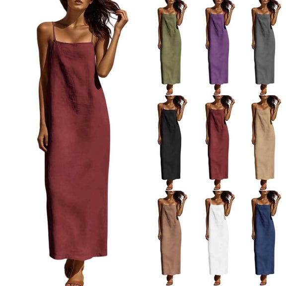 Bxsruta Women's Casual Sleeveless Cami Maxi Dress Loose Straight Fit Summer Slip Dress for Everyday Beach Vacation Adjustable Spaghetti Strap Breathable Soft Fabric Pull on Boat Neck Long Dress