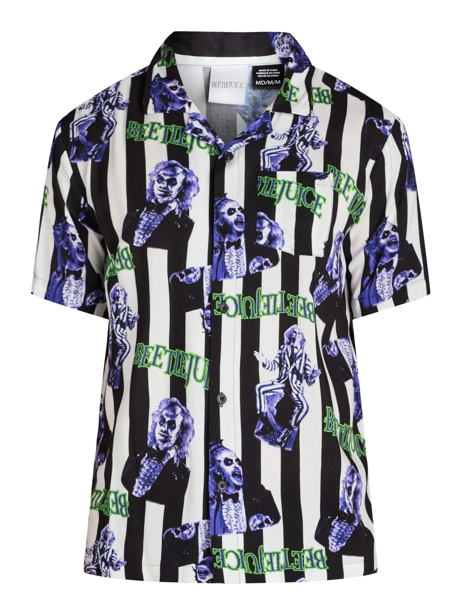 Beetlejuice, Mens Graphic Print Rayon Shirt, Stripe Pattern, Sizes XS-3XL