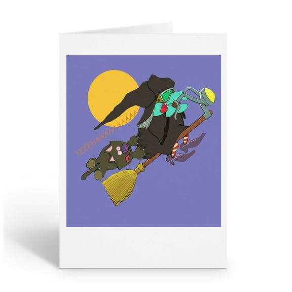 Flying Witch on Her Broom Halloween Greeting Card - 12 Cards with Envelopes - Ha