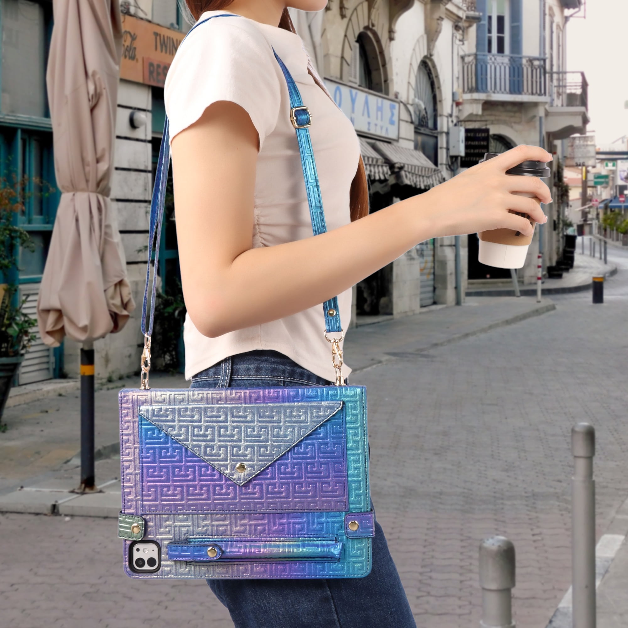 Dteck for iPad 10th Generation Case, Portfolio Case Shoulder Bag for 10.9-inch iPad 10th Gen, PU Leather Business iPad Case with Pencil Holder Envelope Pocket Hand Strap Holder,Colorful