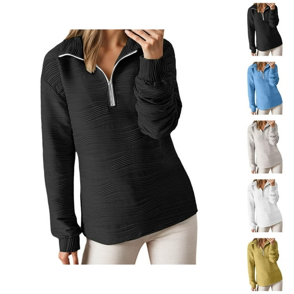 Quarter Zip Pullover Women 2025 Fall Winter Long Sleeve Jacquard Collared Plain Sweatshirt Pullover Tops