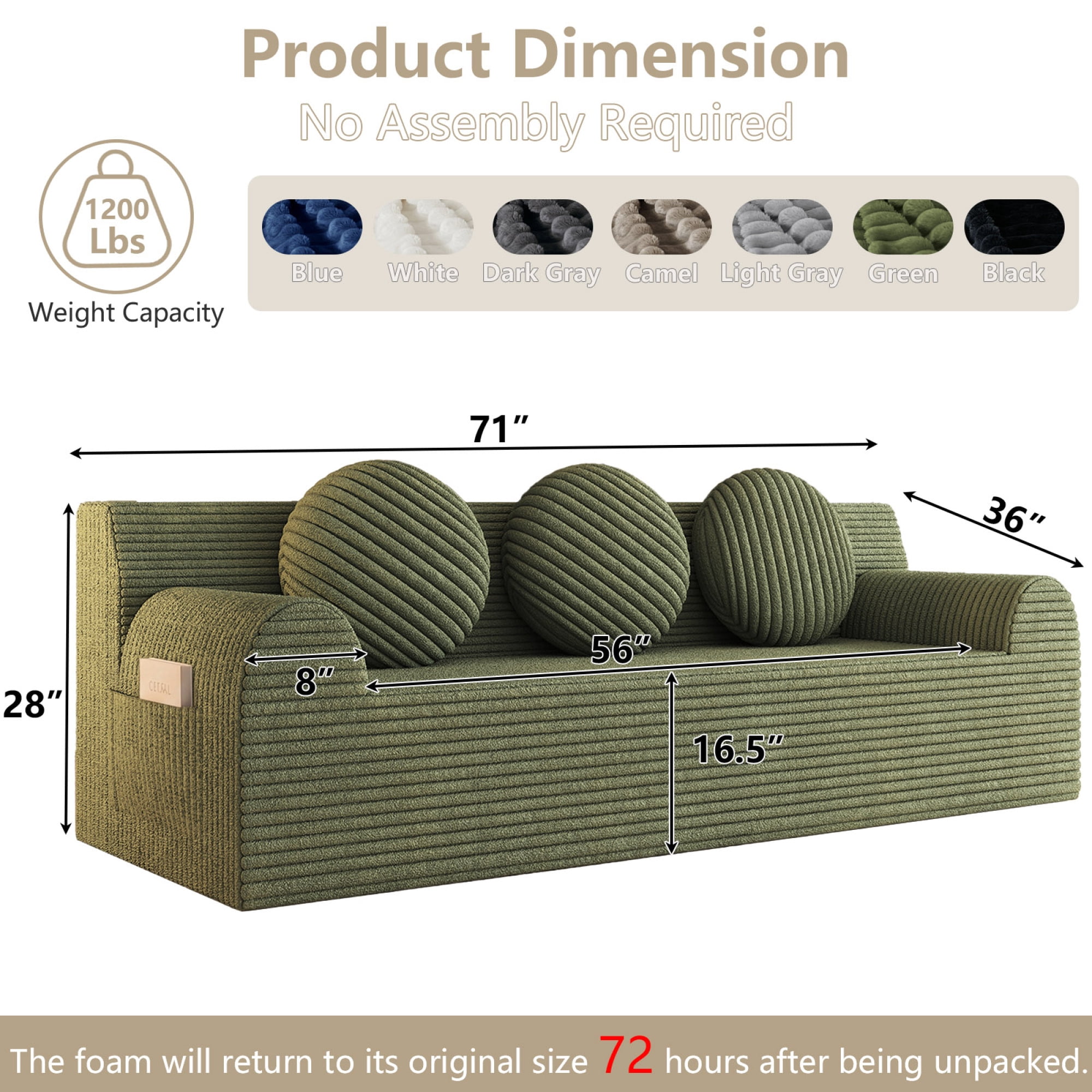 HOQBN Boneless Sofa Couch for Living Room,71" 3 Seater Sofa with Deep Seat Design and 3 Round Pillows,Comfy Corduroy Fabric Loveseat Couch,No Assembly,Antique Green