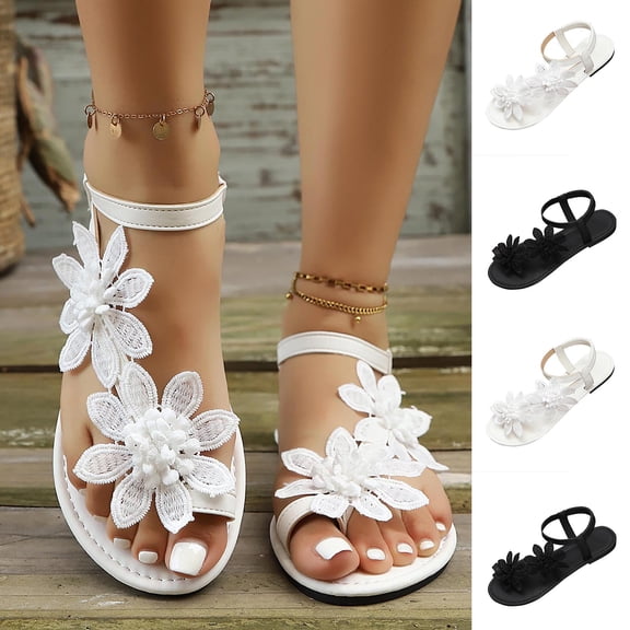 YLOMAY Women's Sandals Flat Comfort Sandals Open Toe Ankle Strap Flower Sandals Summer Beach Daily Casual Vacation Shoes Black 5.5