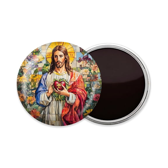 Round Fridge Magnets, 1Pcs 2.2in Cute Refrigerator Magnets Decorative for Whiteboard, Classroom, Locker, Kitchen, Birthday Gifts - Mosaic - Style Jesus with Sacred Heart And Flowers