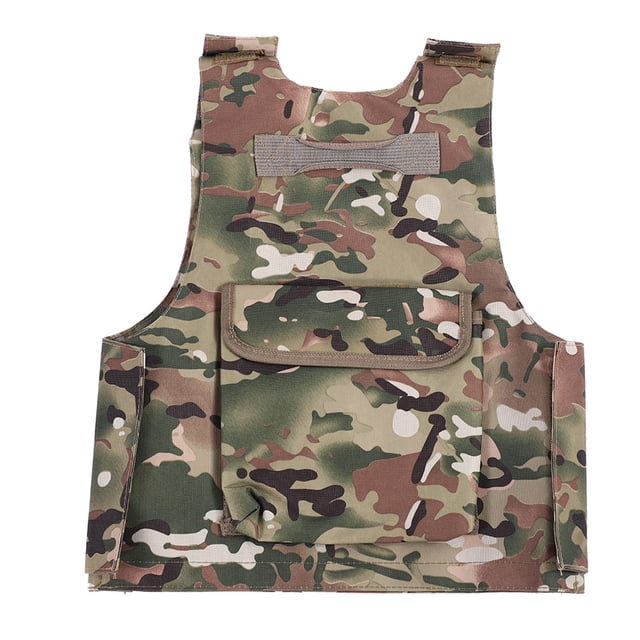 disfraz de soldado del ejército para niños disfraz del ejército para niños chaleco del ejército para niños traje de asalto conjunto de disfraces de soldado para niños y Chaleco de camuflaje para niños, vista frontal centrada con abertura superior para la cabeza; nylon en patrón camuflaje jungla visible, bolsillo frontal con solapa y cierre de velcro, hebillas ajustables en hombros y en ambos lados para ajuste personalizado, cinturón tipo pistola fijado al chaleco, costuras visibles y acabado resistente sobre fondo blanco. Adecuado para Halloween y juegos de rol al aire libre; a menudo usado también como accesorio de juego de simulación.