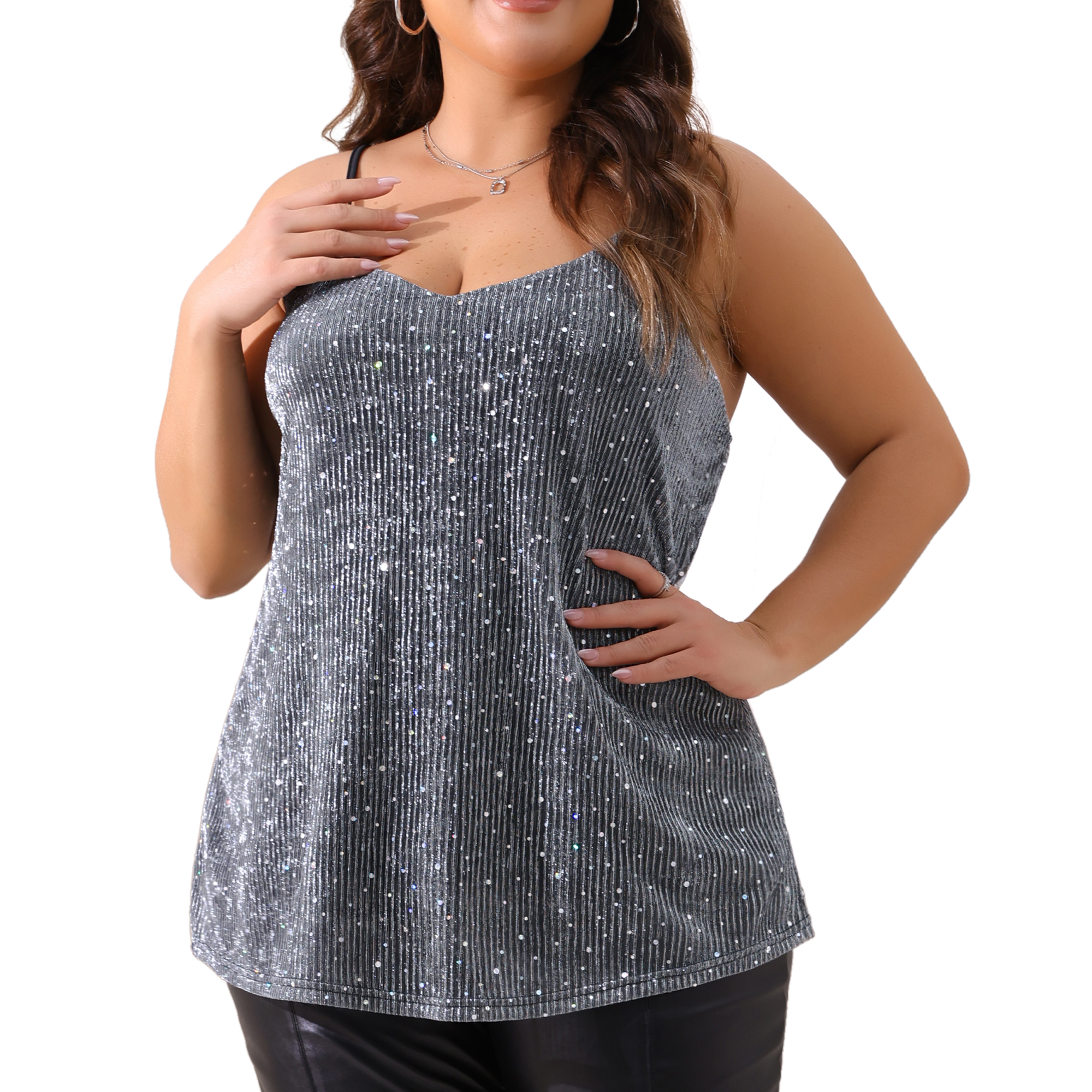 DARING DIVA Women's Plus Sequin Glitter Cami Sleeveless Party Tank Top 1X Silver