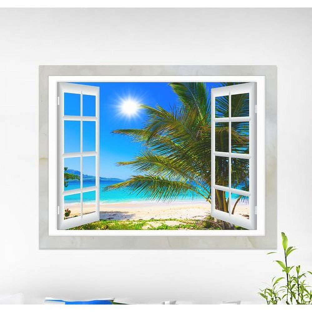 Designart 'Window Open to Beach with Palm ' Extra Large Seashore Canvas Art