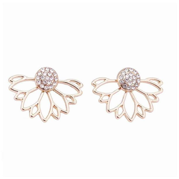 Lotus Crystal Flower Stud Earrings Women Double Sided Gold Silver