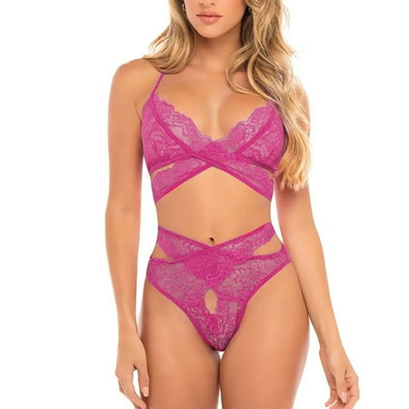 

UoCefik Women s Sexy Lingerie Hollow Out Sexy Solid Teddy Lace 2 Piece Criss Cross Bra and Panty Sets