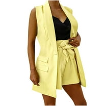 Blazer Short Sets Women 2 Piece Outfits Business Suit Sleeveless Button Vest Tops Shorts Blazer Sets Dressy Casual Suits Ladies Elegant Wedding Gest Formal Sets