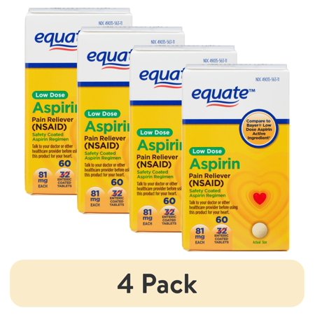 (4 pack) Equate Low Dose Aspirin Pain Relief Safety Coated Tablets, 81 mg, 60 Count, Compare to Bayer® Low Dose Aspirin Active Ingredient