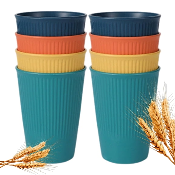 Wheat Straw Unbreakable Cup Set of 8, 12oz Reusable Plastic Drinking Glasses, Multicolor Dishwasher Safe Water Cups