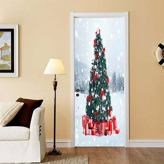 Peel and Stick Door Mural – Christmas Tree with Presents in Snowy Landscape, Winter Christmas Tree 3D Creative Wooden Door PVC Self-adhesive Sticker