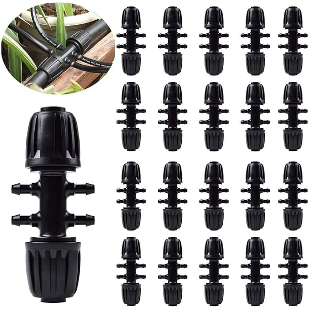 20 conectores en T con púas para riego por goteo, tubo de riego de 1/2 pulgada a 1/4 pulgada, ajuste de calidad prémium anticaída (se adapta a diámetro interior de 13 mm/4 mm), color negro