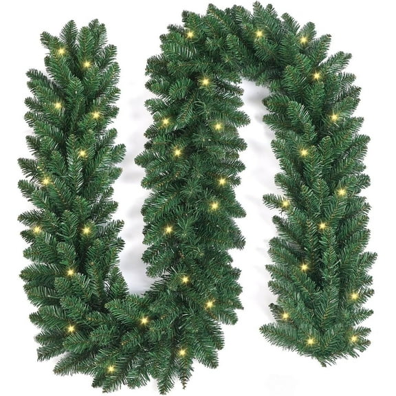 Clearance 9FT Pre-Lit Artificial Christmas Garland,Battery Operated Garland with 50 LED Lights and Timer,Realistic Classic Evergreen Pine Spruce for Stair Railing Indoor Outdoor