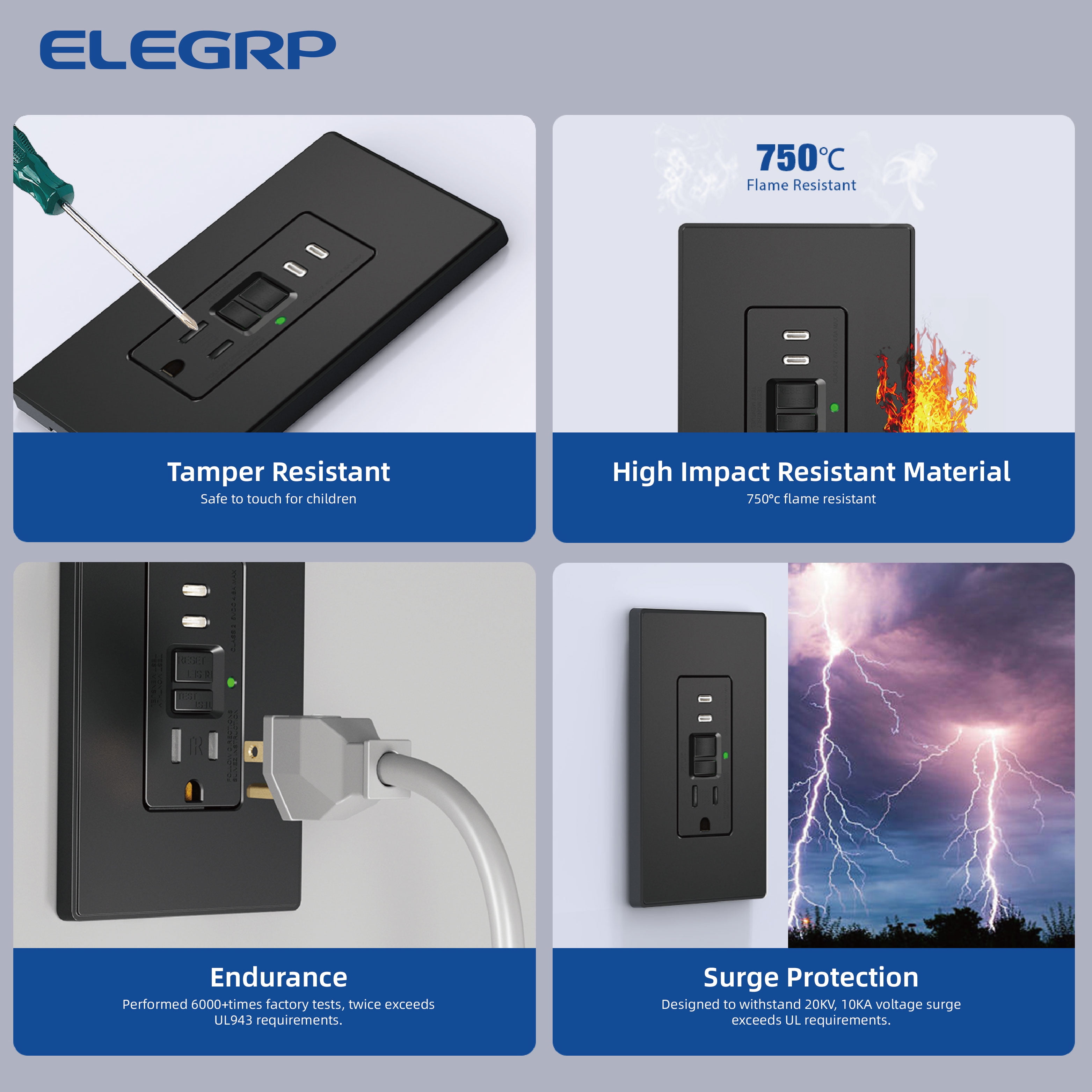 ELEGRP 15 Amp Tamper Resistant Self-Test GFCI Outlet & 24W In-Wall USB Charger combo Receptacle, Dual Type C, Midsize Screwless Wall Plate included, UL & CUL Listed, Black, 1 pack