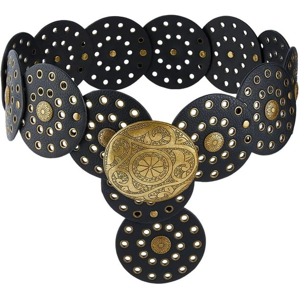 Cinturón de disco bohemio para mujer, estilo vintage, ancho, de cuero occidental, de 9 cm de ancho, para faldas y vestidos, 1,05 m
