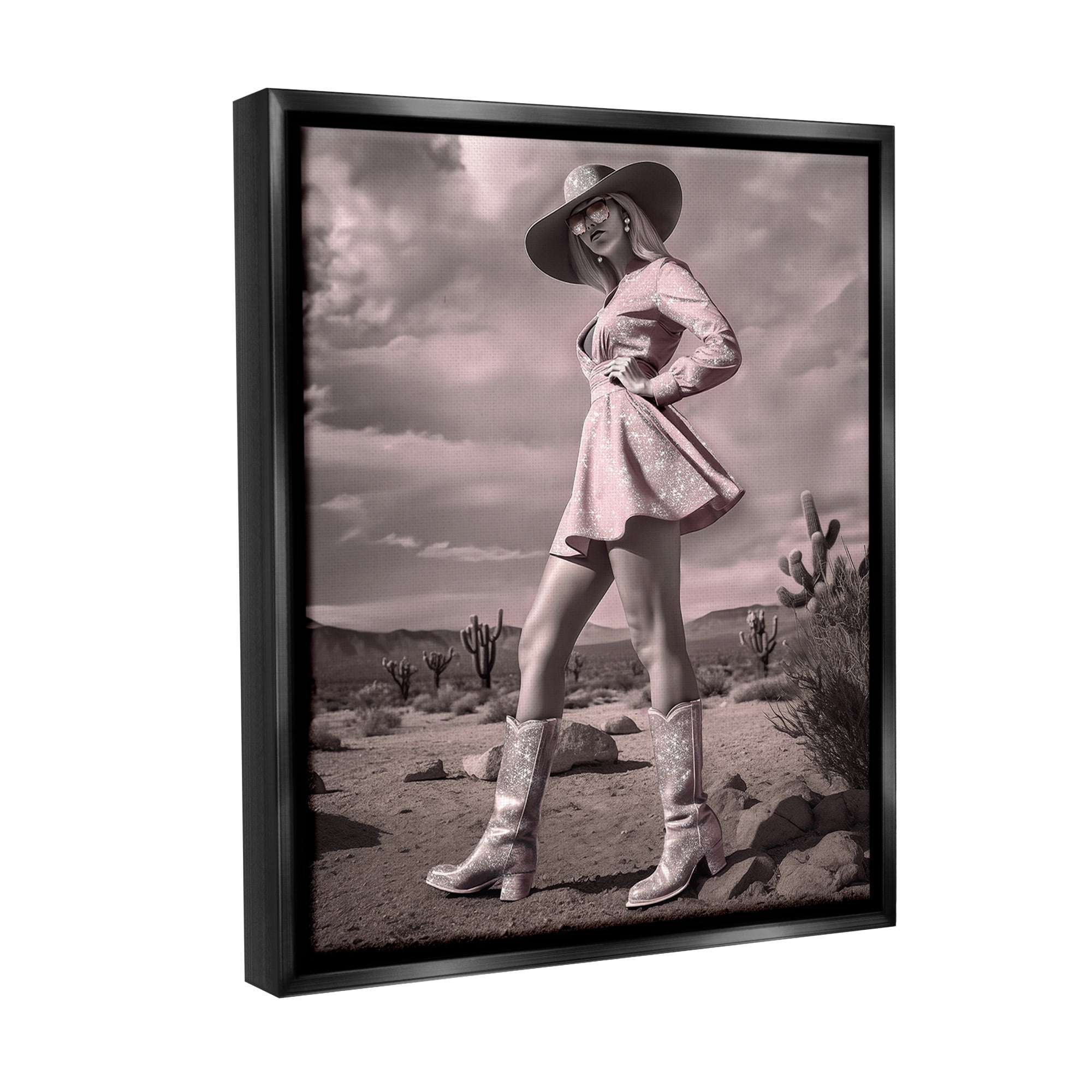 Stupell Industries Glam Cowgirl in Dress Beauty & Fashion Photography Black Floater Framed Canvas Art Print Wall Art, 17 x 21