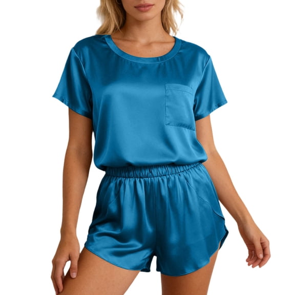 WAYUTE Shorts Sets Women 2 Piece Outfits Summer Short Sleeve Solid Color Satin Soft Shorts Casual Comfortable Relaxing Home Wear Outfit