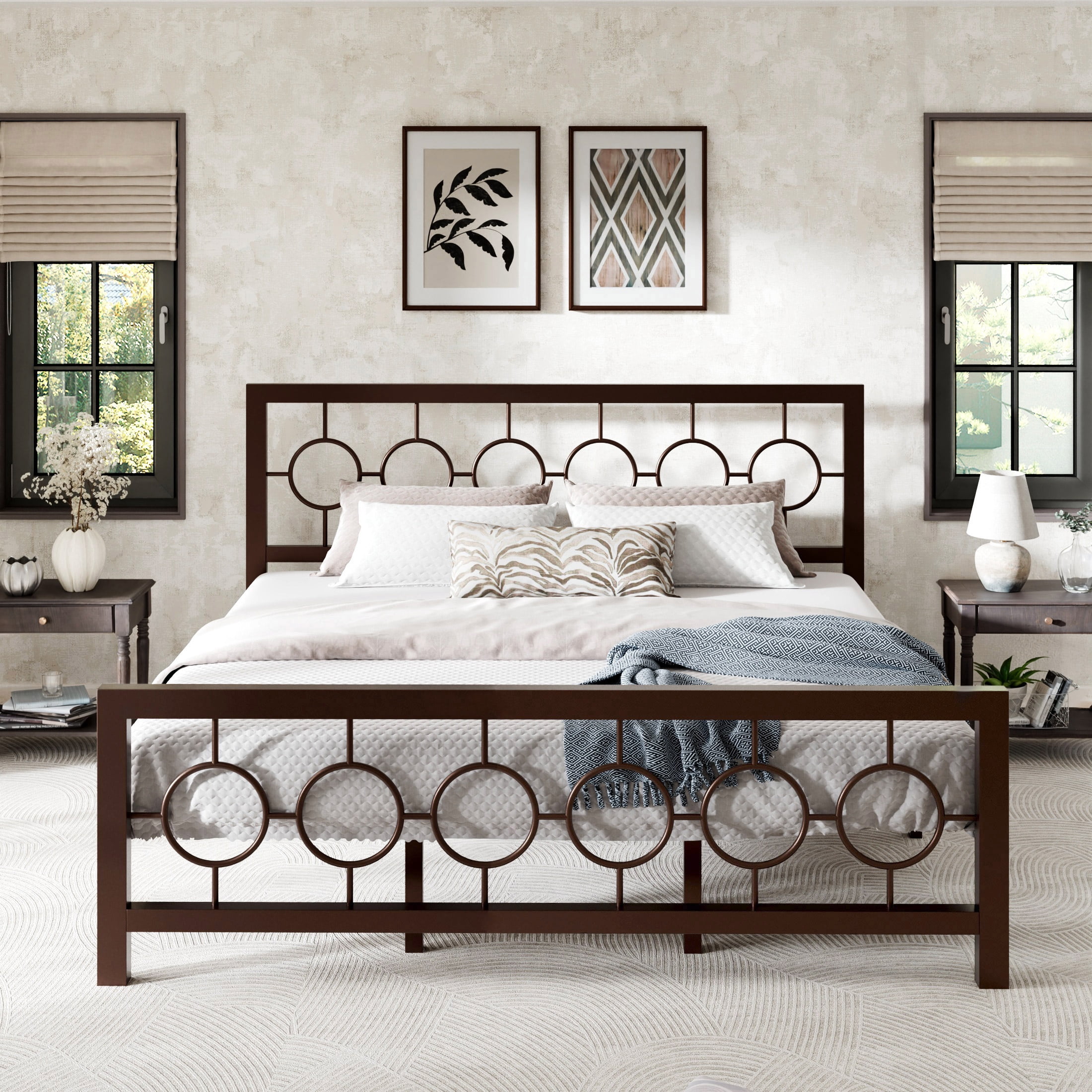 Sha Cerlin Brown King Size Metal Platform Bed Frame with Vintage Headboard & Footboard, Adult