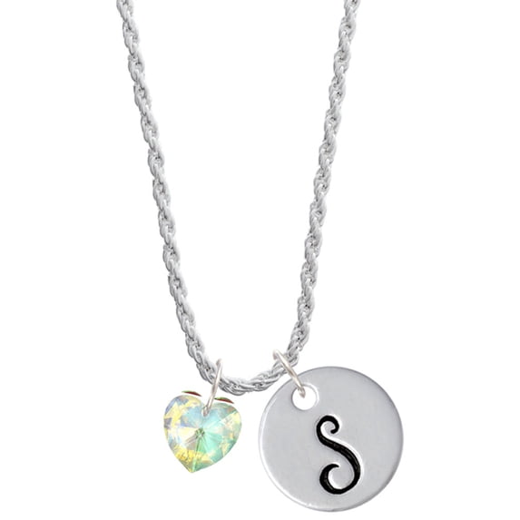 Delight Jewelry Clear AB Crystal Heart Silvertone Script Initial Disc - S - Charm Necklace, 20"+3"