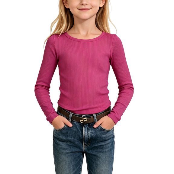 Maean Girls Long Sleeve Shirts Crewneck Ribbed Casual Stretchy Tops Tees Undershirts for Kids Toddler