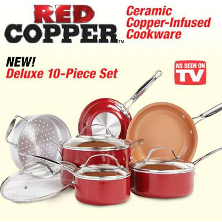  BulbHead Red Copper 10 PC Copper-Infused Ceramic Non-Stick  Cookware Set & Gibson Soho Lounge 16-Piece Square Reactive Glaze Dinnerware  Set, Red: Home & Kitchen