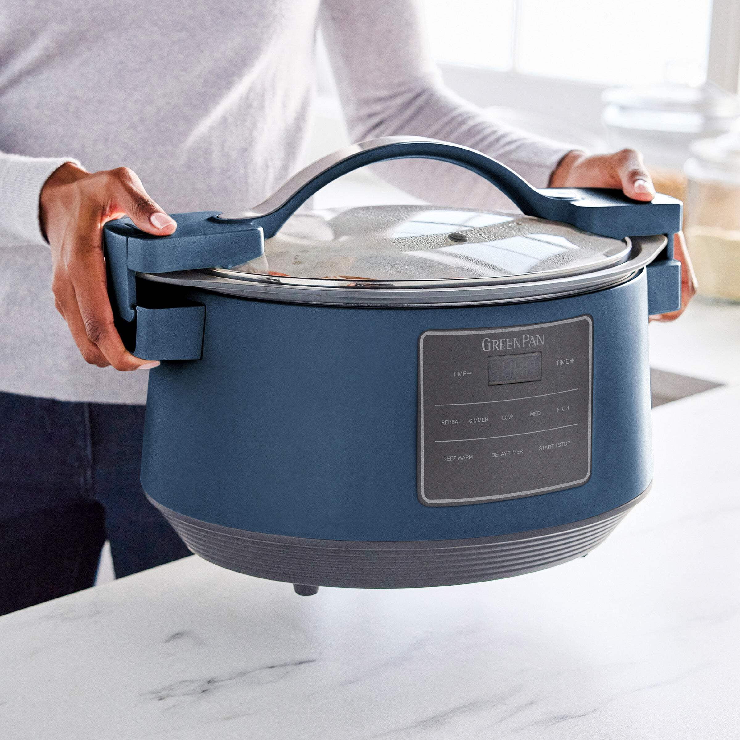GreenPan 8 Quart Family Size Locking Lid Slow Cooker, Oxford Blue