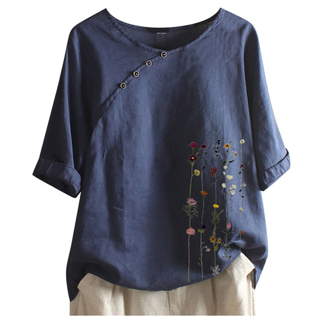 Chandail à Manches Courtes pour Femmes, Chemise Ample à Fleurs, Blouse Imprimée, Tee-Shirt Extensible, Col Roulé, Manches Longues