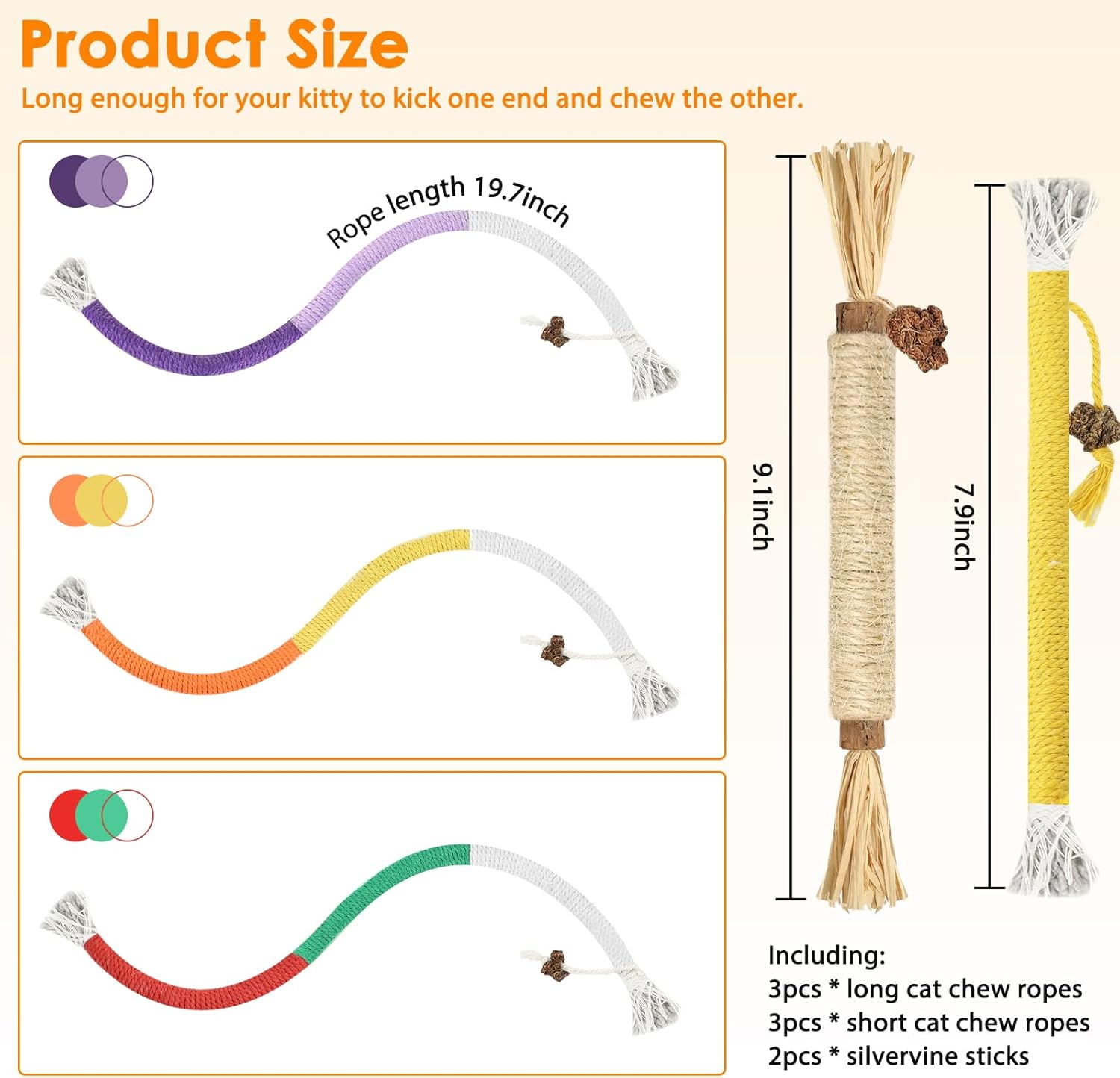 Cat Toys Silvervine Sticks - 8Pack Natural Silvervine Sticks for Cats, Cat Chew Toy for Teeth Cleaning, Interactive Kitten Chew Ropes to Redirect Chewing Habits, Kitty Chew Sticks