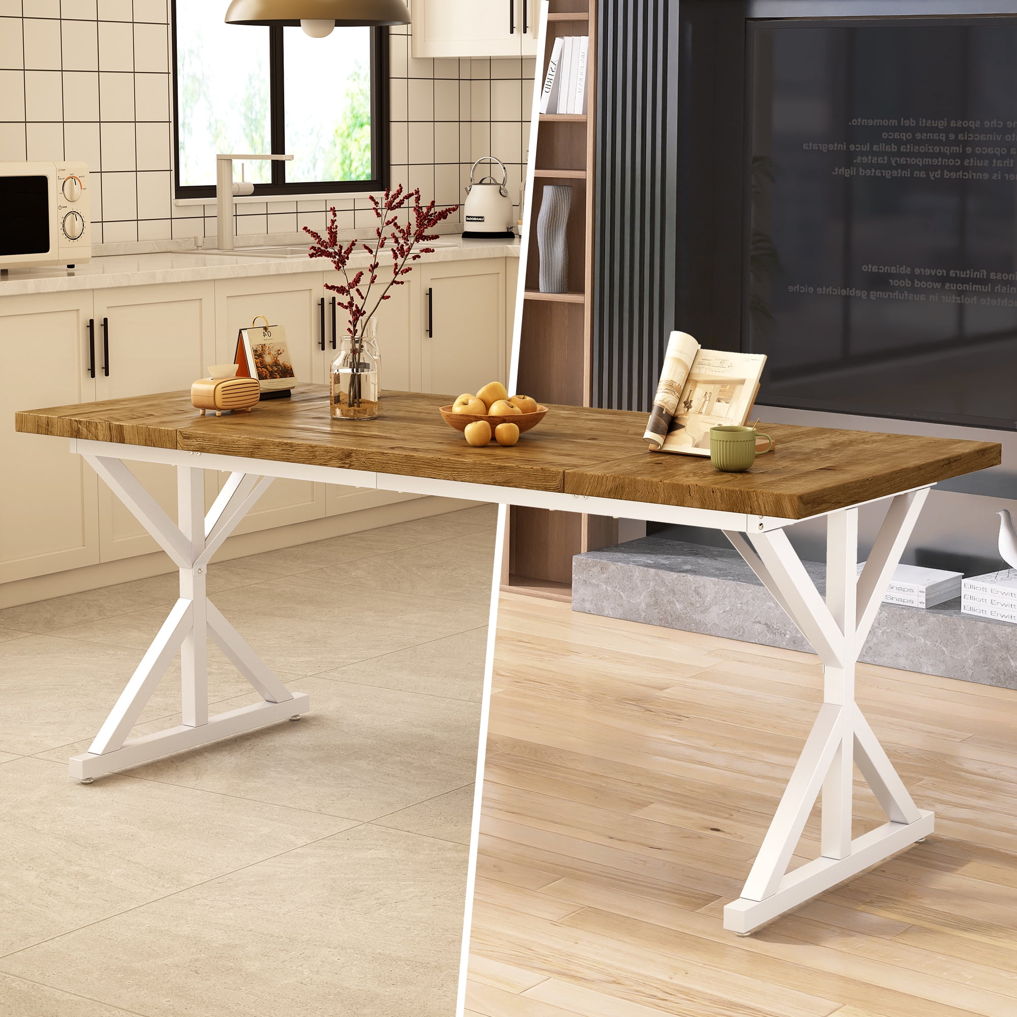 Farmhouse Style Dining Table for 6, 70.8 Inch Rectangular Wooden Dining Table, Rustic Kitchen Dining Table, Extra Heavy Duty Metal Legs for Dining Room