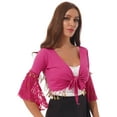 thumbnail image 3 of Zaldita Womens Belly Dance Tassel Coin Lace-Up Shawl Crop Tops Flare Sleeve Cardigan Hot Pink XXL, 3 of 7