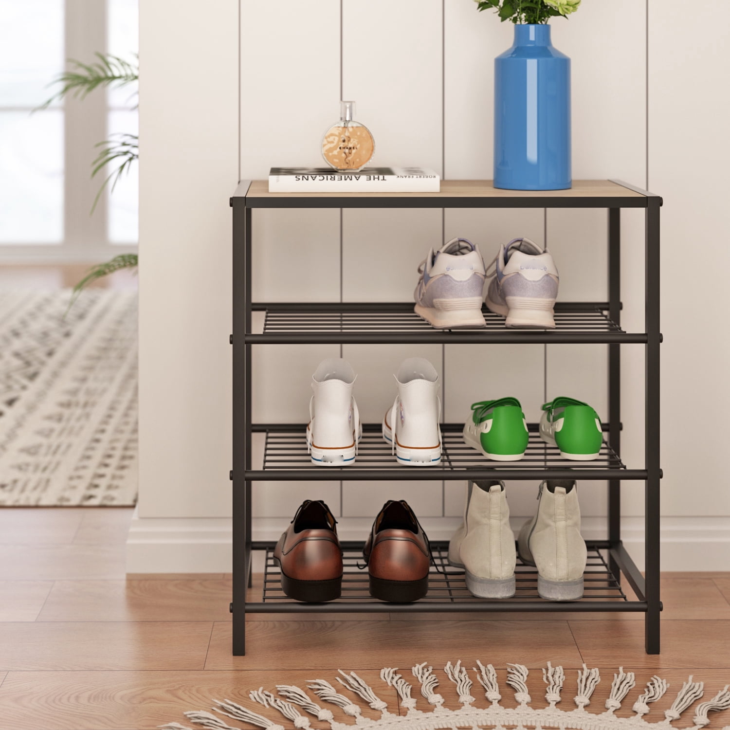LENLN Metal Shoe rack with wood top, practical storage rack, multifunctional storage rack, Shoe Rack Organizer with Storage Shelves and Spacious Top，suitable for entrance hall, living room, bedroom,