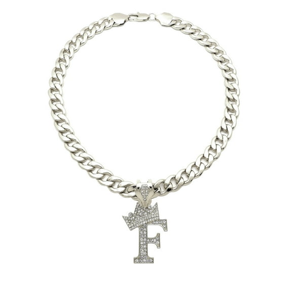 iJewelry2 Kings and Queens Crowned Initial Letter F Crystals Pendant Silver-tone Cuban Linked Chain Necklace