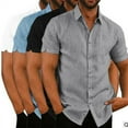 thumbnail image 3 of Camisa de lino para hombre de manga corta con botones y cuello de verano de color liso, 3 of 6