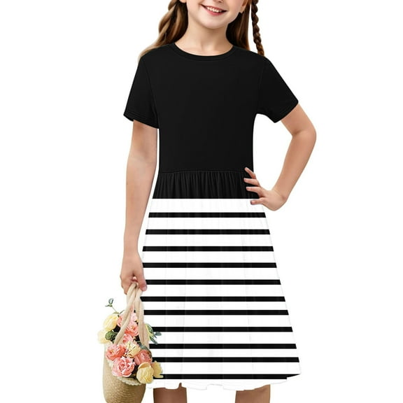 Spazoro Kids Girls A Line Dresses, Stretchy Wrinkle Striped Short Sleeve New Style Princess Dress for Child Girls Black Size 5 T