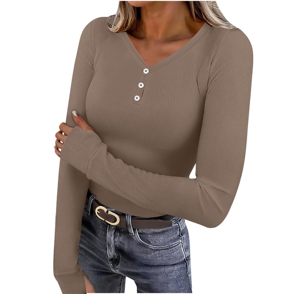 TKLPEHG Womens Fitted Long Sleeve Shirts Slim-Fit Button Basic Tee for Everyday Wear Ladies Tops Soft Spring Solid Color V-Neck Lightweight Shirt (Brown,XXL)