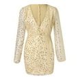 thumbnail image 4 of DHFJKG Womens Deep V Neck Sequin Dress Lantern Long Sleeve Ruched Waist Bodycon Sparkly Slim Fit Mini Party Dress Carnival Going Out Versatile Dresses, 4 of 4