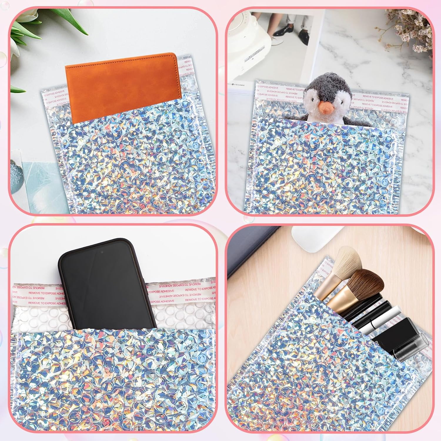 30 Pack Holographic Bubble Mailers,Metallic Mailing Envelopes Bubble Padded,Waterproof Self Sealing Poly Padded Envelope,Cushion Envelopes for Shipping Mailing Packing,11 x 7 Inch,Silver