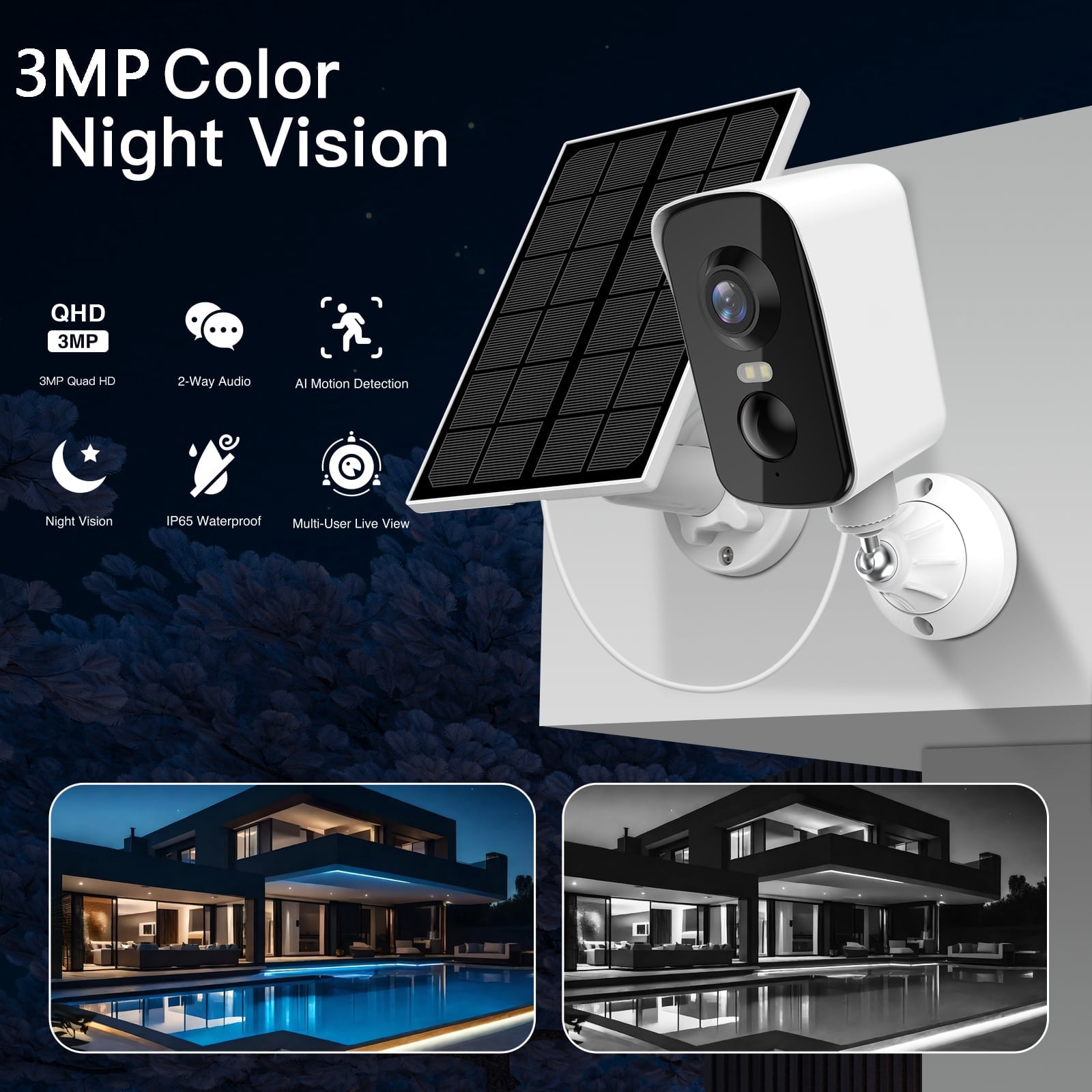 Laxihub Cam Pan 340° Wireless Outdoor Solar Security Cameras , 2K 3MP 2-Way Talk Outdoor WiFi Surveillance IP65 Waterproof,Color Night Vision