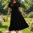 thumbnail image 2 of JGGSPWM Robe Vintage en Velours pour Femme Couleur Unie Ample Col Rond Manches Courtes Taille Élastique à Volants Superposés Ligne A Fluide Robe Maxi Noir TG, 2 of 9