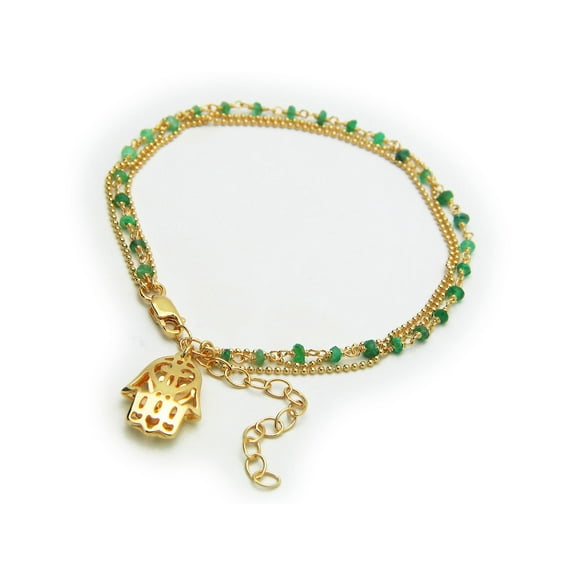 Sterling Silver Triple Row Green Stone Rose Flower Bracelet dipped in Gold, 16" 2"